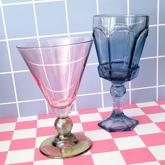 Retro Mis Matched Drinking Glass Set Vintage Post Modern Home Decor Unique Wine - Picture 5 of 7